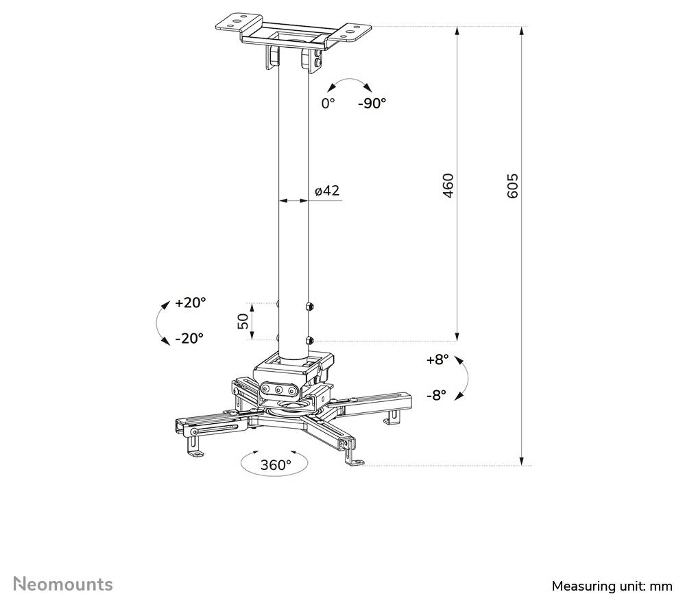 Technisches Schaubild einer Deckenhalterung für Projektoren mit verstellbarem Neigungswinkel, Schwenkung und 360°-Rotation, mit Abmessungen in mm gekennzeichnet.