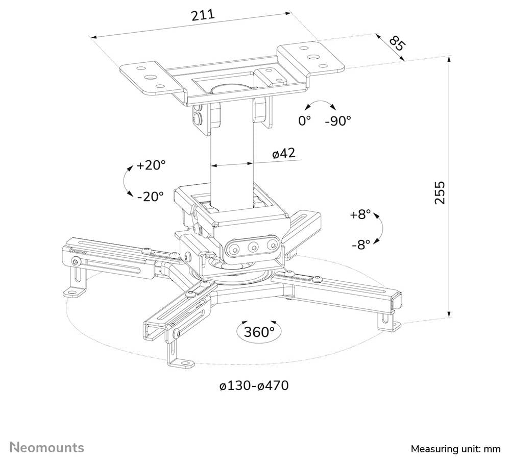 Technische Zeichnung einer Deckenhalterung für Projektoren mit verstellbaren Armen; zeigt eine 211 x 85 mm große Oberplatte, 255 mm Höhe, 42 mm Säule, 360°-Drehung, Neigungsbereiche und eine Basisspreizvon 130-470 mm.