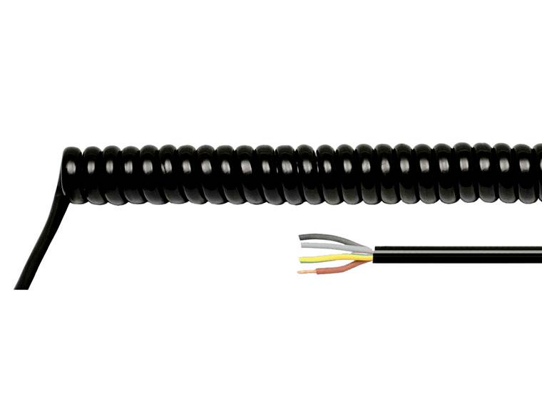 Ein schwarzes aufgerolltes Kabel mit einem Ende, das abgestreift ist, um farbige innere Drähte freizulegen.