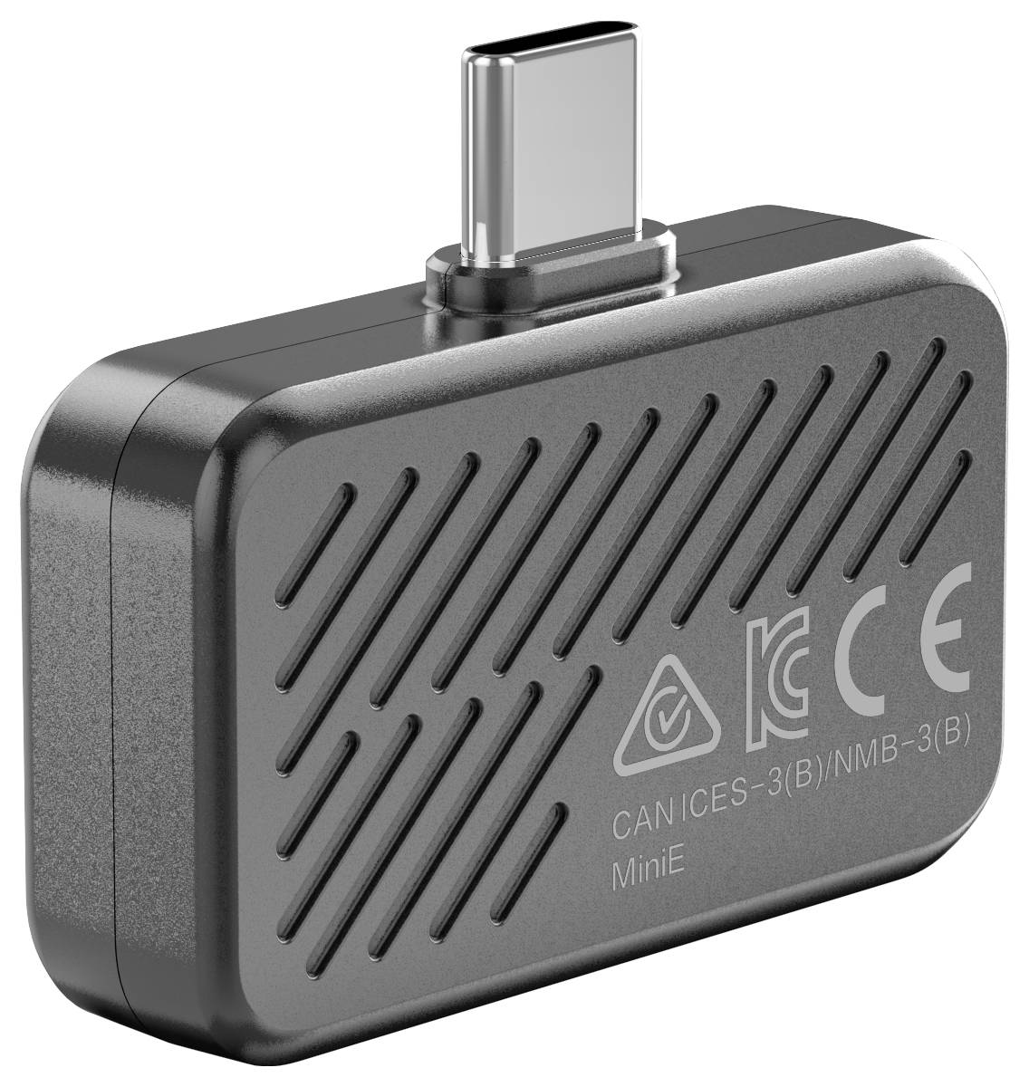 Kompakter schwarzer USB-C-Adapter mit der Bezeichnung „MiniE" und Konformitätskennzeichnungen, dargestellt in einer produktstilisierten isolierten Ansicht.