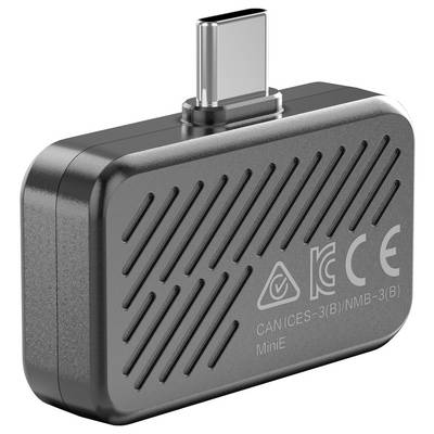 Kompakter schwarzer USB-C-Adapter mit der Bezeichnung „MiniE" und Konformitätskennzeichnungen, dargestellt in einer produktstilisierten isolierten Ansicht.
