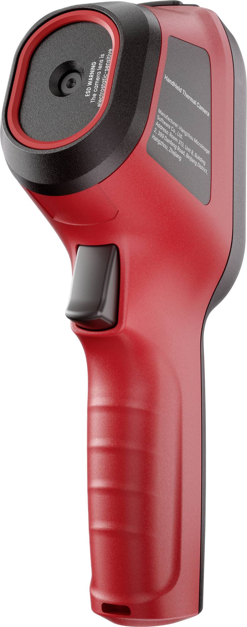 Roter tragbarer Barcode-Scanner mit Abzugsgriff und kreisförmigem Scannerfenster, gezeigt auf weißem Hintergrund.