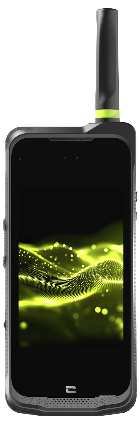 Robustes schwarzes tragbares Smartphone mit hoher Antenne, auf dem ein neongrünes Wellenmuster auf dem Bildschirm angezeigt wird.