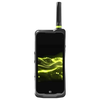 Robustes schwarzes tragbares Smartphone mit hoher Antenne, auf dem ein neongrünes Wellenmuster auf dem Bildschirm angezeigt wird.