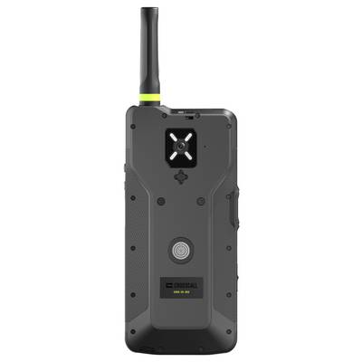 Rückansicht eines robusten schwarzen tragbaren Geräts mit hoher Antenne, X-förmigem Kameramodul, kreisförmigem Sensor und "CROSSCALL"-Branding.