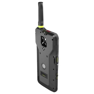 Tragbares robustes elektronisches Gerät mit langer schwarzer Antenne, dunkelgrauem Gehäuse, Seitentasten und kleinem Bildschirm- oder Sensorbereich.