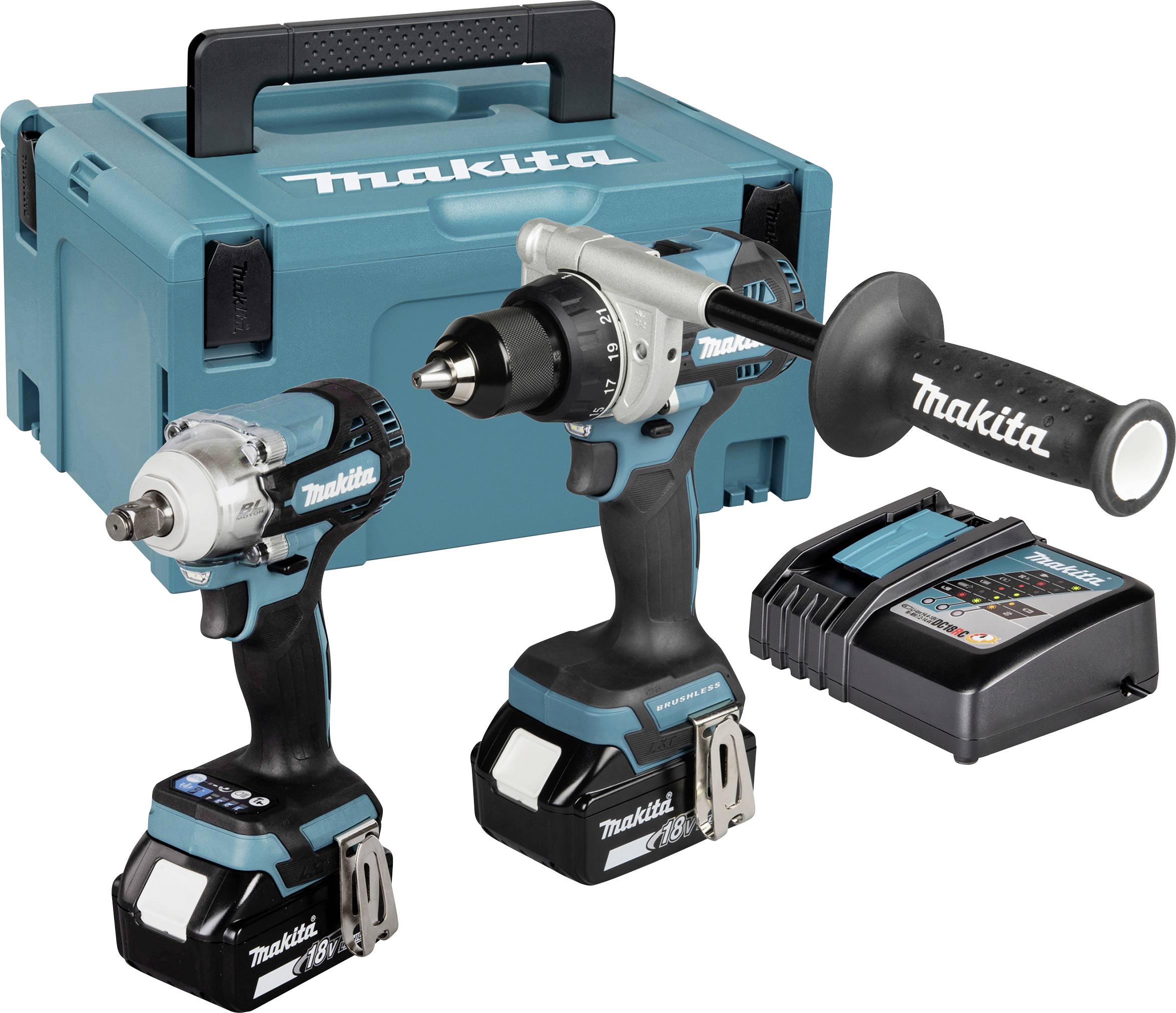 Makita Akku-Bohrschrauber und Schlagschrauber-Set mit Transportkoffer, Akkuladegerät und zusätzlichem Seitengriff.