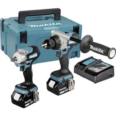 Makita Akku-Bohrschrauber und Schlagschrauber-Set mit Transportkoffer, Akkuladegerät und zusätzlichem Seitengriff.