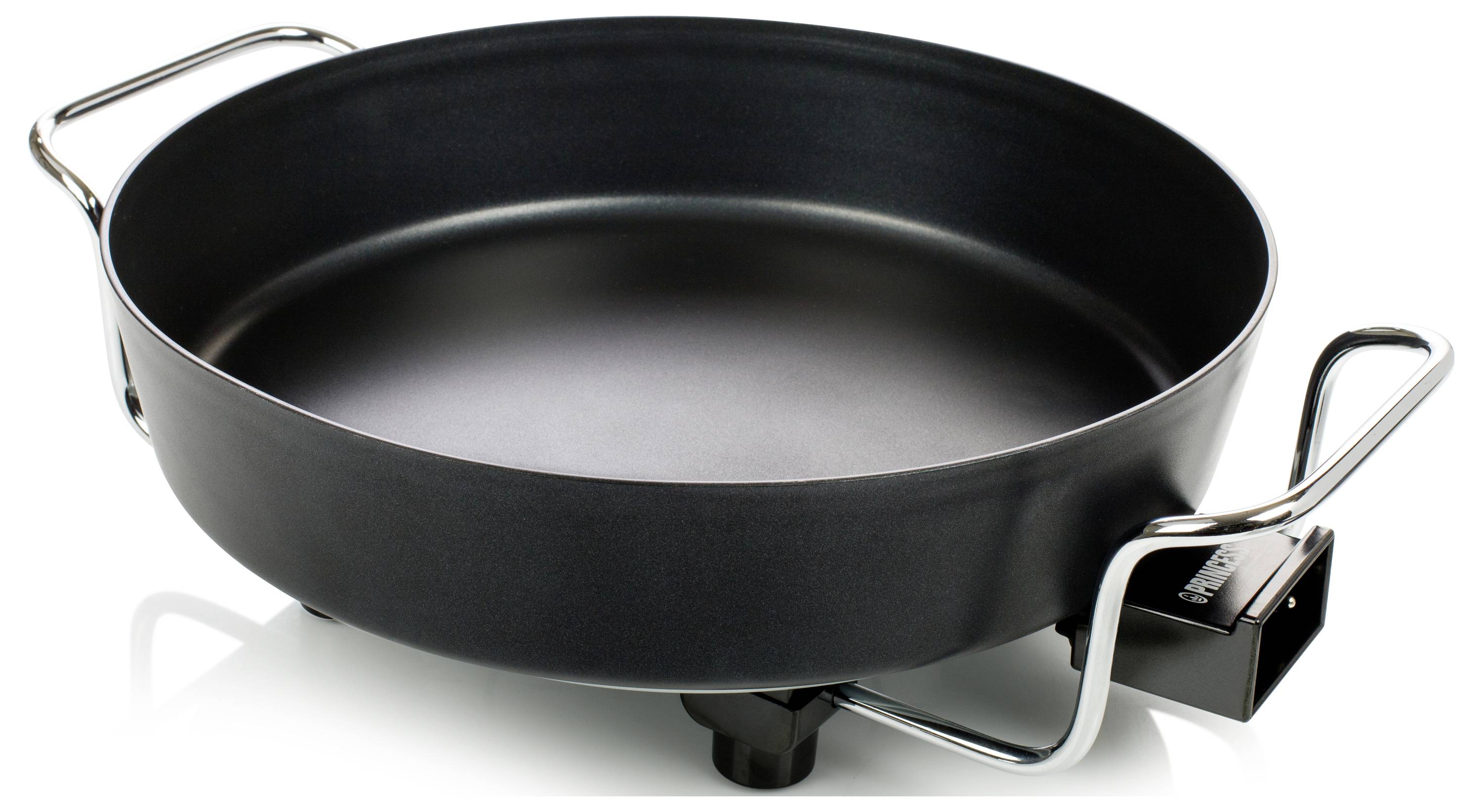 Schwarze elektrische Pfanne oder Bratpfanne mit abnehmbarer Temperaturregelung und Metallgriffen auf weißem Hintergrund.