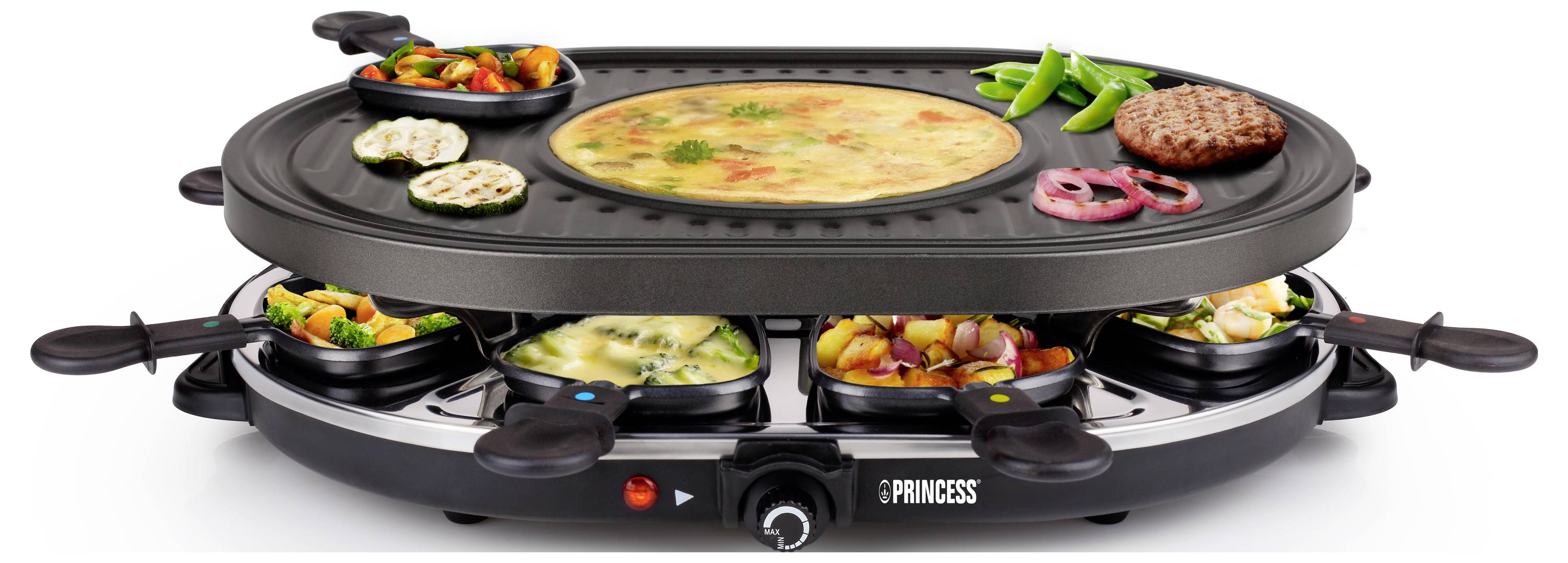 Elektrischer Tischgrill mit einer zentralen Kochplatte und vier Seitenpfannen mit Gemüse, Fleisch und Dip, Marke Princess.