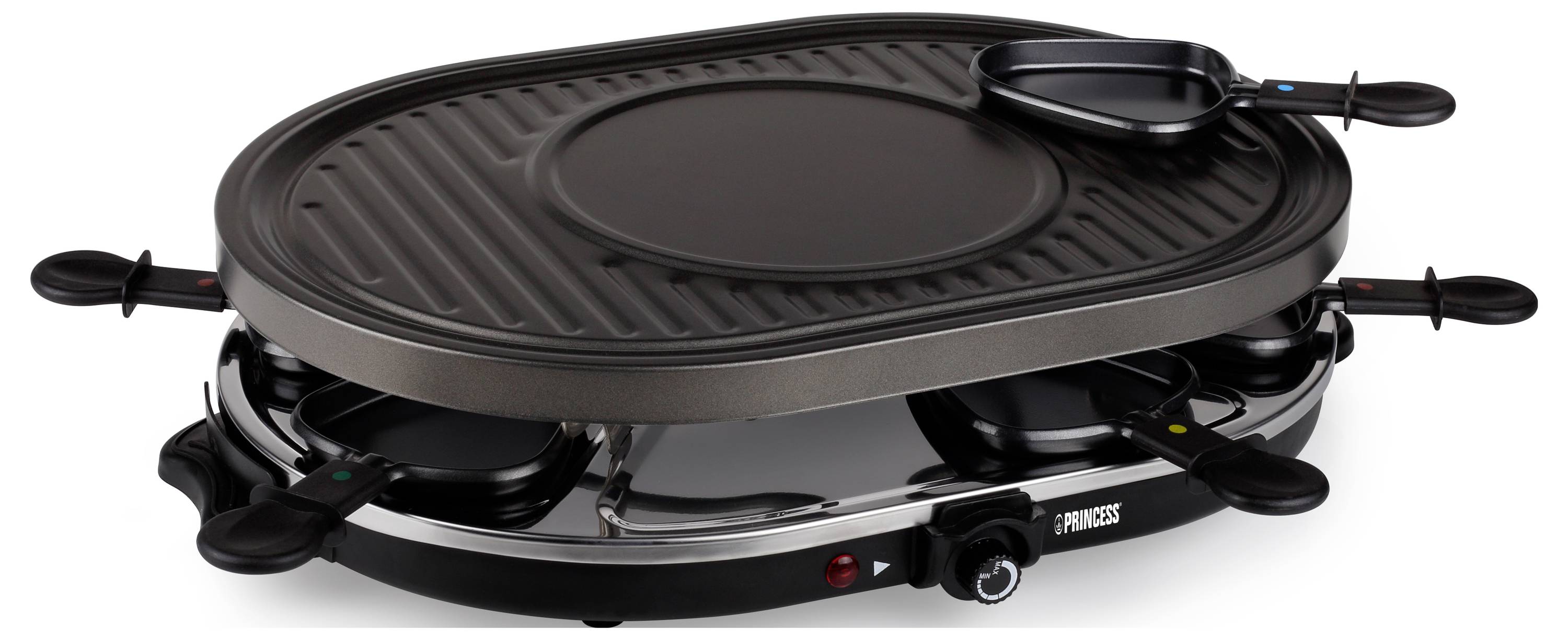 Ovaler elektrischer Raclettegrill mit antihaftbeschichteter Kochplatte und kleinen Pfannen darunter, gezeigt auf einer schwarzen Basis mit Seitengriffen und Temperaturregler.