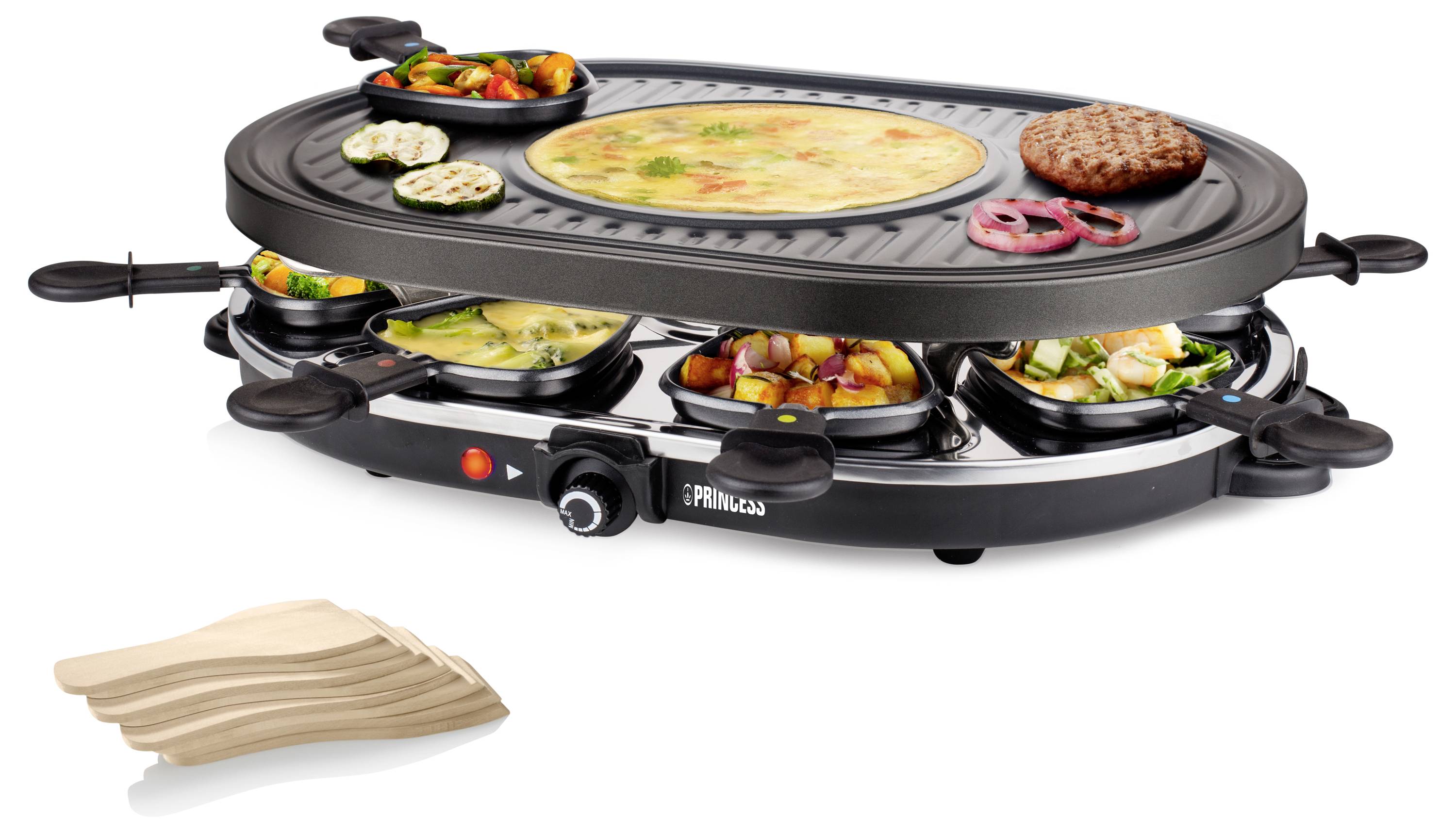 Schwarzer elektrischer Tischgrill mit rundem Kochfeld und mehreren kleinen Pfannen, gezeigt mit assortiertem Essen und Holzspachteln.