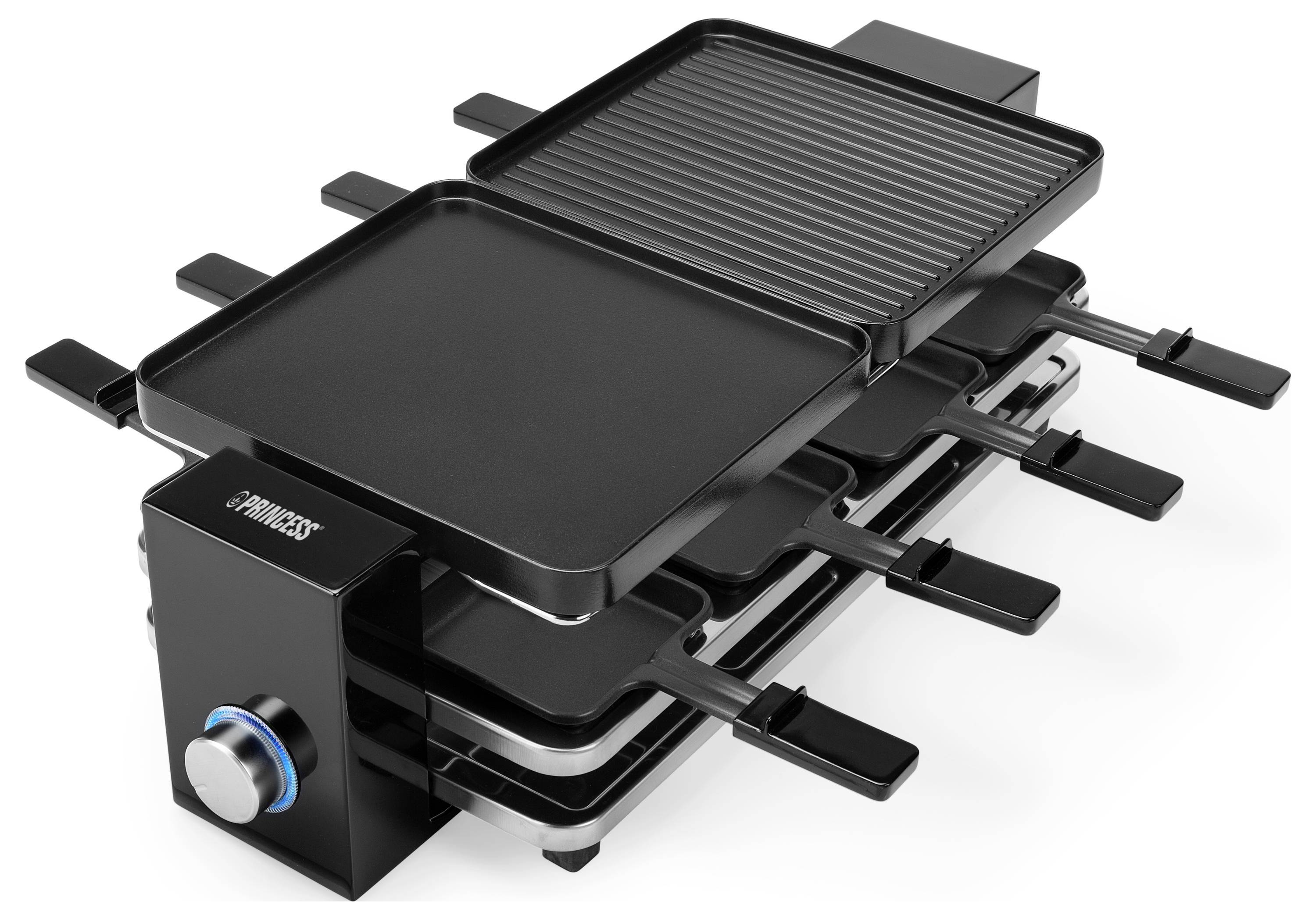 Elektrischer Tischraclette-Grill mit antihaftbeschichteter Grillplatte, gerillter Grillplatte und acht Käsepfännchen mit Holzgriffen