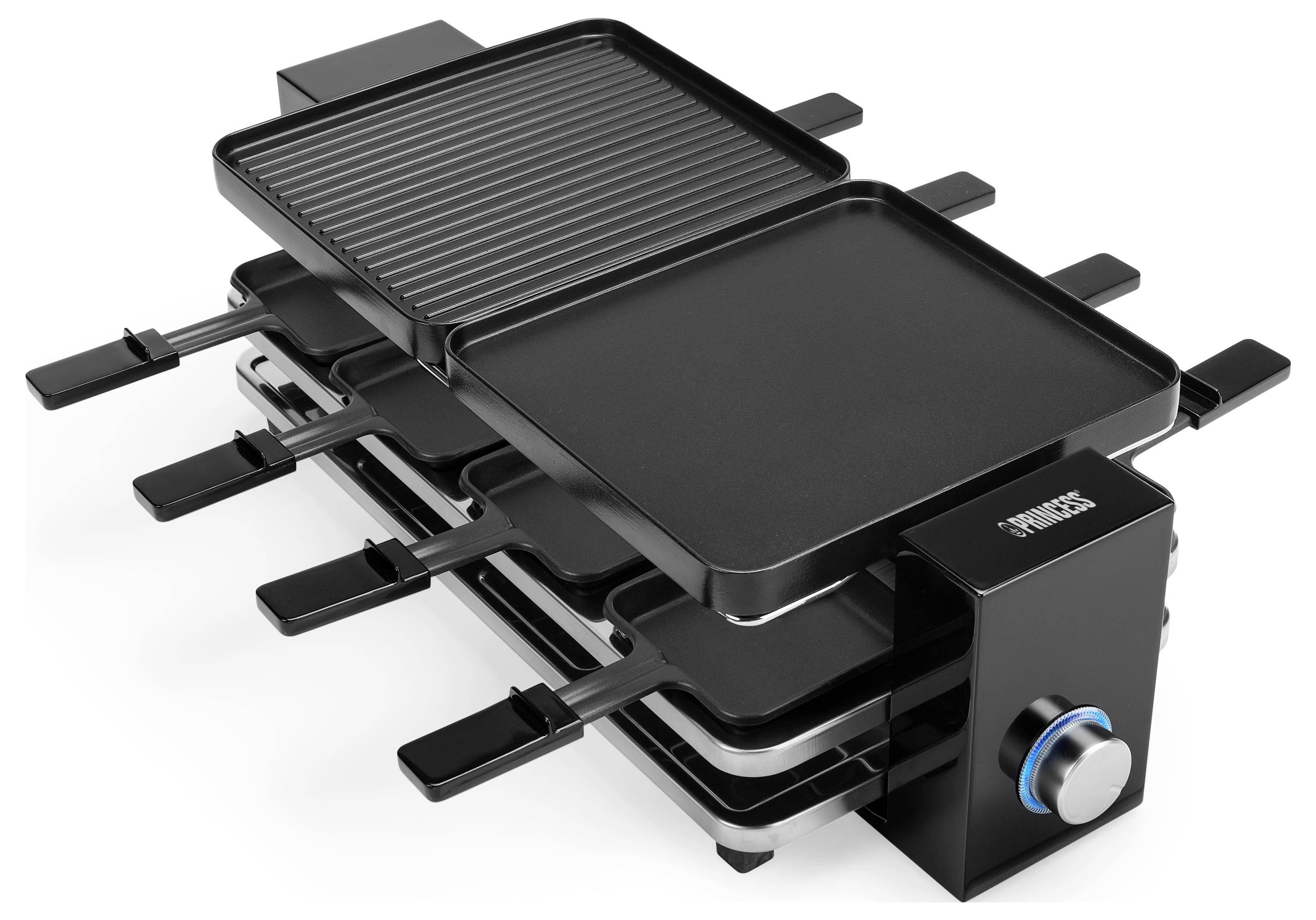 Elektrischer Raclettegrill mit zwei abnehmbaren Kochplatten, mehreren kleinen Pfannen und einem vorderen Temperaturreglerschalter.