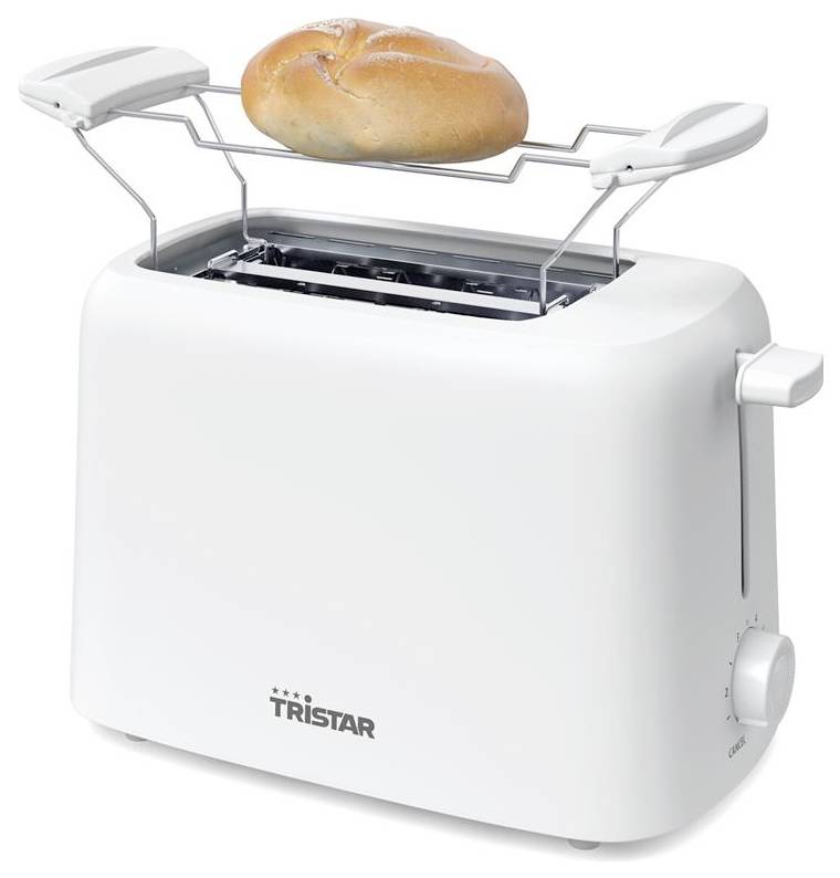 Weißer Toaster mit einem Brötchenwärmer-Rost, auf dem eine Brötchen liegt, Marke Tristar.