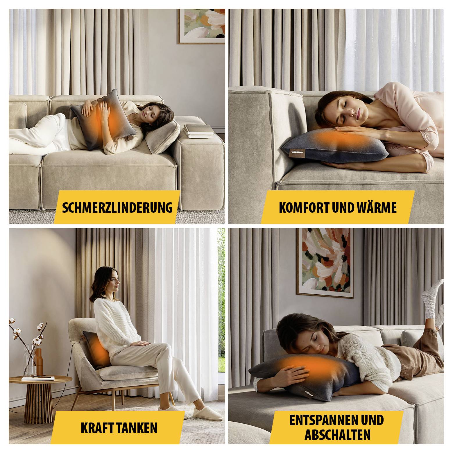 Vier Bilder einer Frau mit leuchtendem Wärmekissen auf Sofa oder Sessel; Texte: 'SCHMERZLINDERUNG', 'KOMFORT UND WÄRME', 'KRAFT TANKEN', 'ENTSPANNEN UND ABSCHALTEN'.