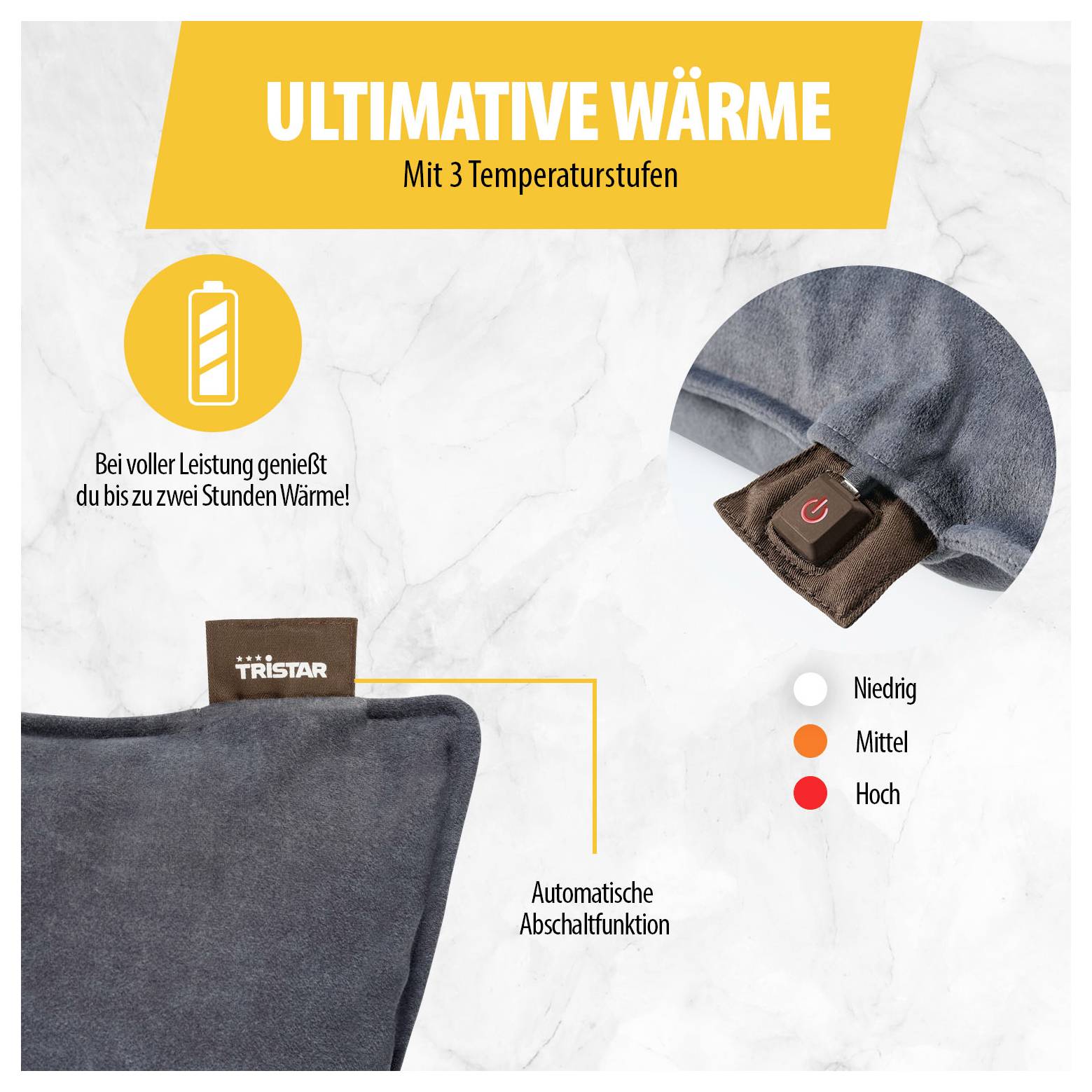 Werbebild für beheizbares Textil mit 'ULTIMATIVE WÄRME', 3 Temperaturstufen, bis zu 2 Stunden Wärme und automatischer Abschaltfunktion.