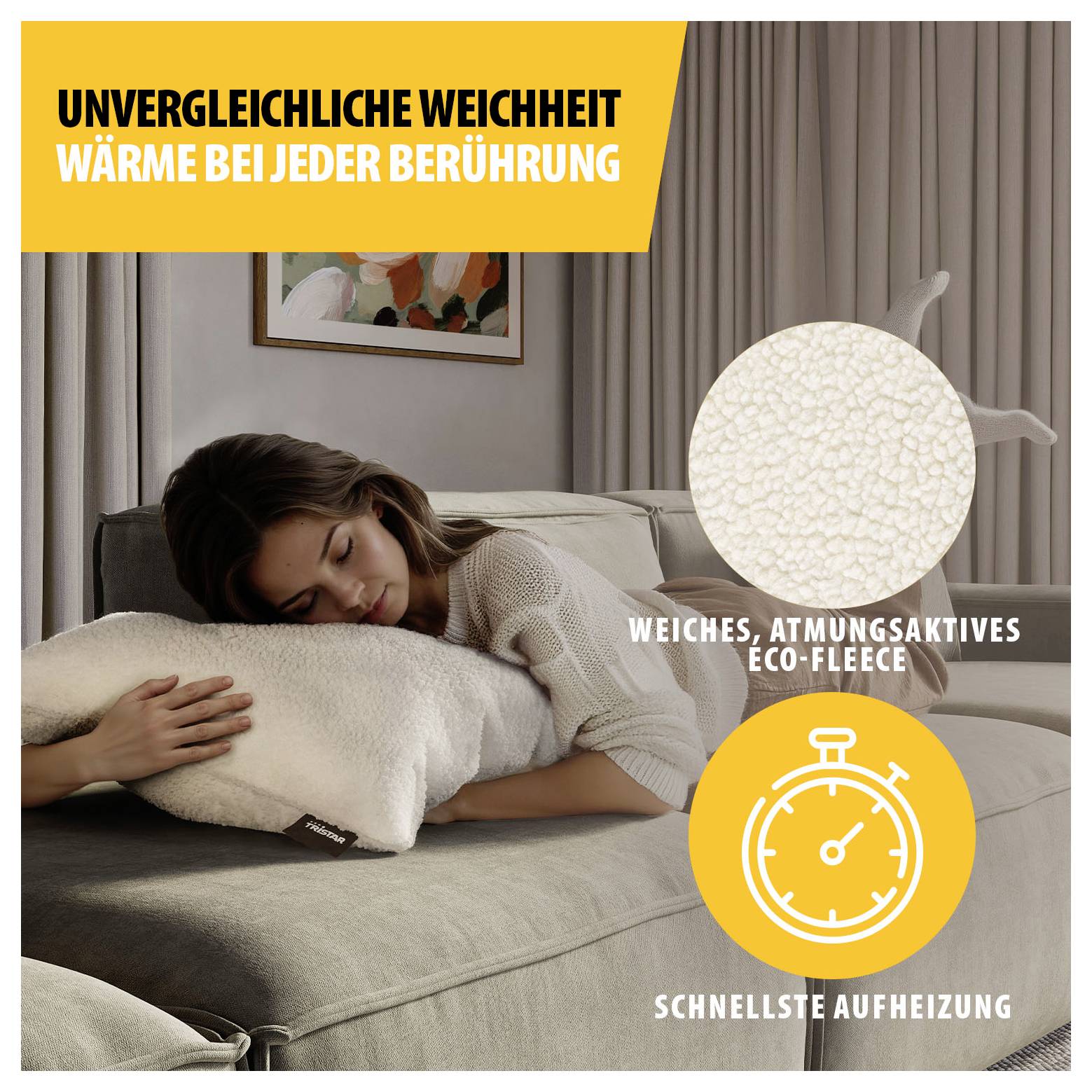 Frau liegt entspannt auf einem Sofakissen aus Eco-Fleece; Text wirbt mit 'Unvergleichliche Weichheit' und 'Wärme bei jeder Berührung' sowie schneller Aufheizung.