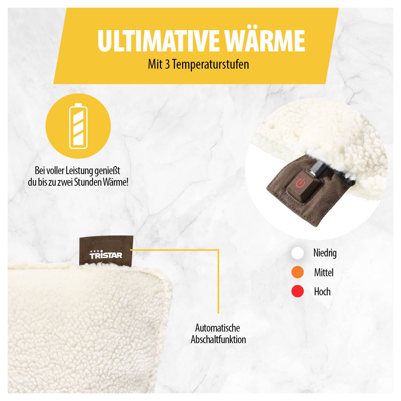 Werbegrafik für ein beheizbares Produkt: 'ULTIMATIVE WÄRME' mit 3 Temperaturstufen, automatischer Abschaltfunktion und bis zu zwei Stunden Wärme; zeigt Bedienknopf und Temperaturlegende.<br>