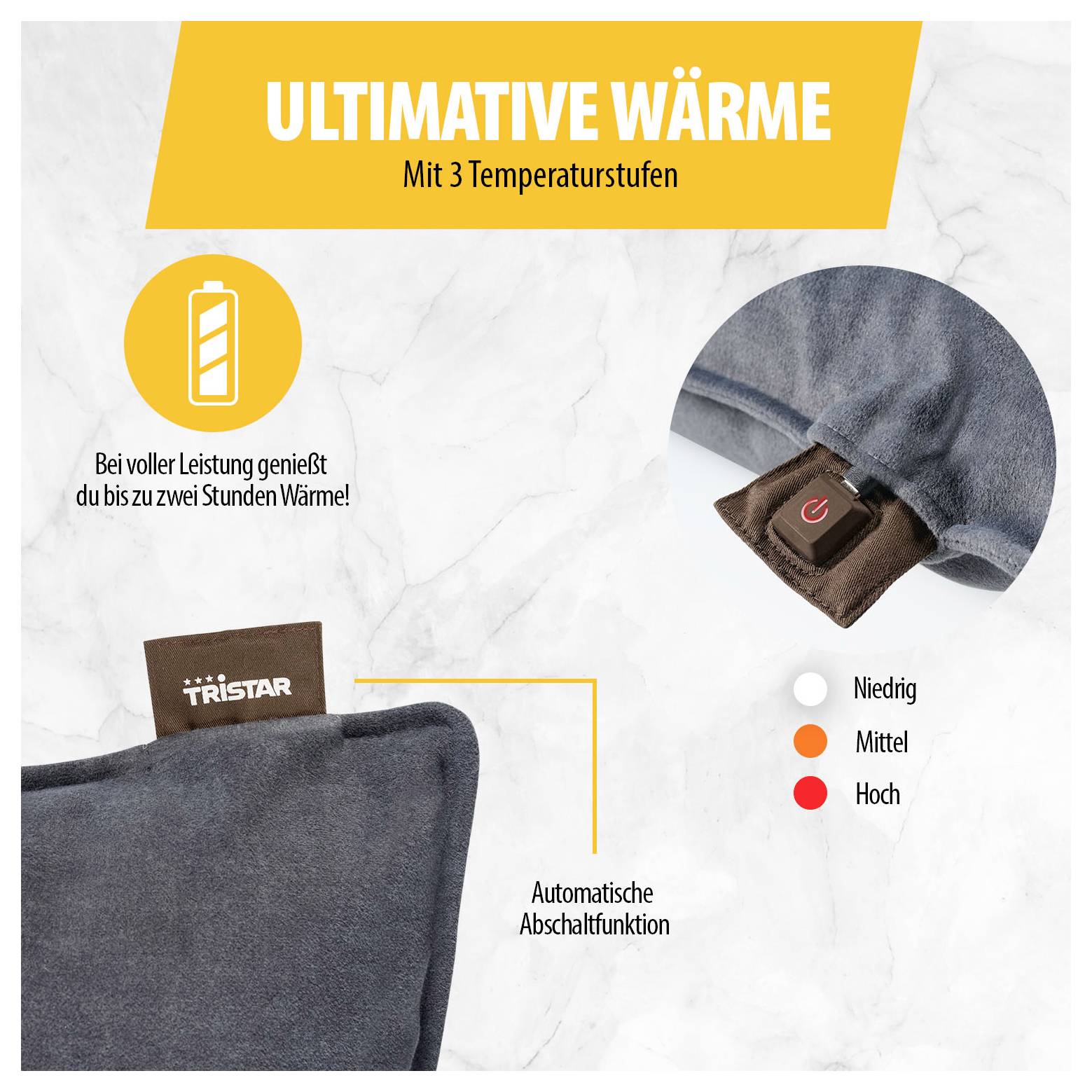 Werbegrafik für eine Heizdecke mit der Überschrift 'ULTIMATIVE WÄRME', 3 Temperaturstufen, bis zu 2 Stunden Wärme und automatischer Abschaltfunktion; Nahaufnahme des Bedienelements.
