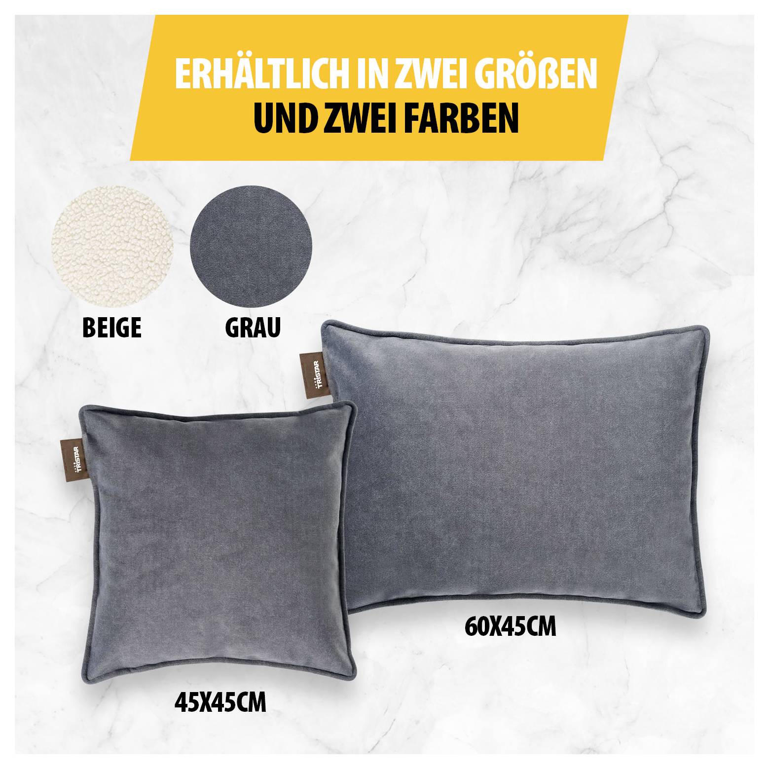 Produktgrafik: Kissen in zwei Größen und zwei Farben erhältlich, beige und grau; Größen 45x45 cm und 60x45 cm.