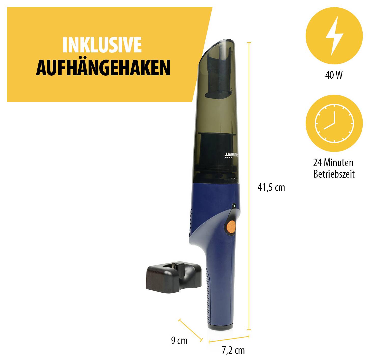 Produktgrafik eines Handstaubsaugers mit Aufhängehaken; Maße 41,5 cm, 9 cm und 7,2 cm, Leistung 40 W, Laufzeit 24 Minuten.<br>