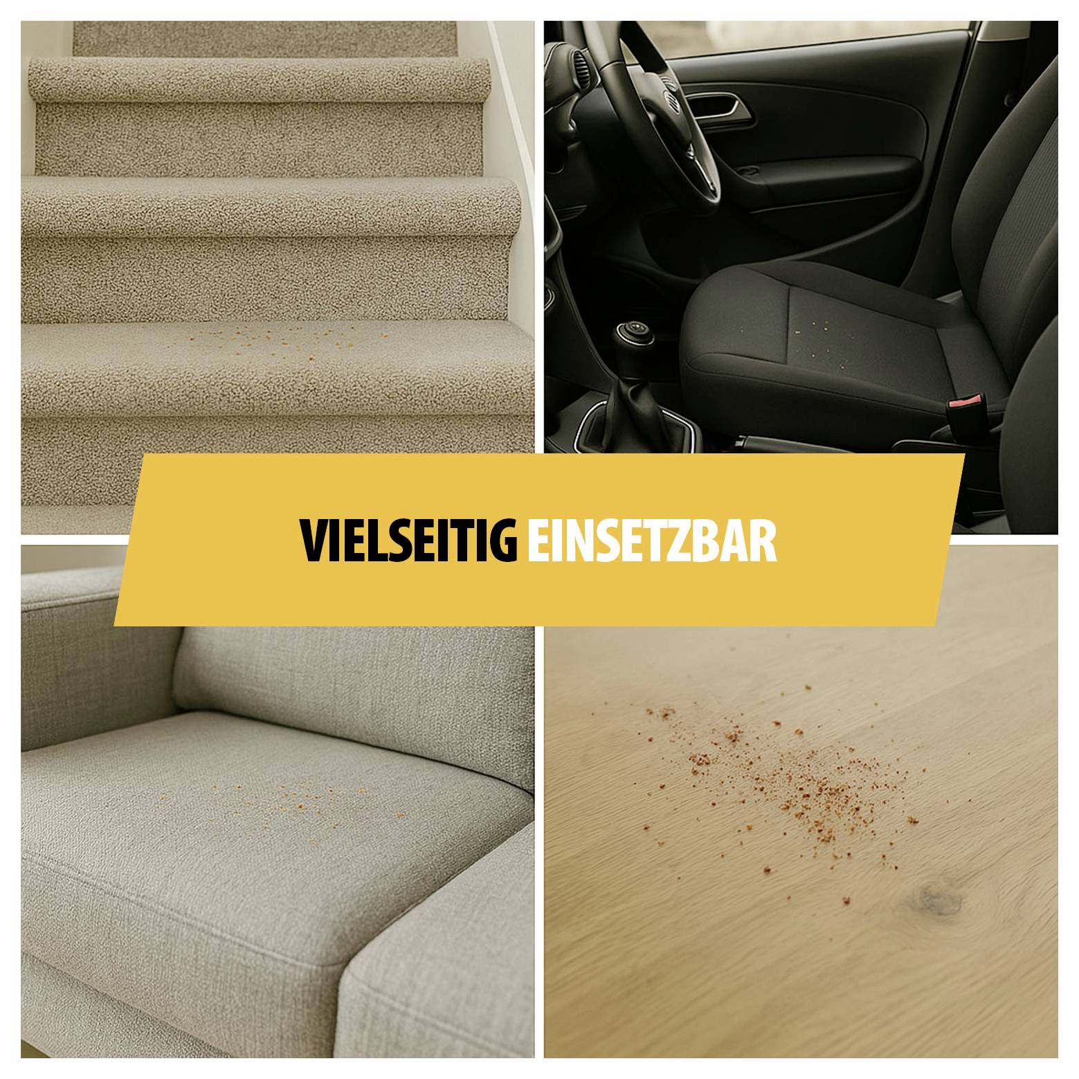 Vier Bildbeispiele einer saugfähigen Reinigung: Treppe, Autositz, Sofa und Holztisch mit Flecken; Text: 'VIELSEITIG EINSETZBAR'