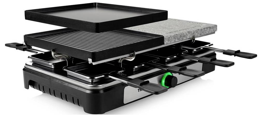 Tragbarer Elektrogrill mit verstellbaren oberen und unteren Rosten, mit mehreren Kochrosten und Seitengriffen auf einer kompakten Basis.
