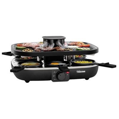 Elektrischer Party-Grill mit abnehmbarer Oberplatte und Seitenpfannen zum Garen von verschiedenen Fleischsorten, Gemüse und Pfannkuchen, Marke Tristar.