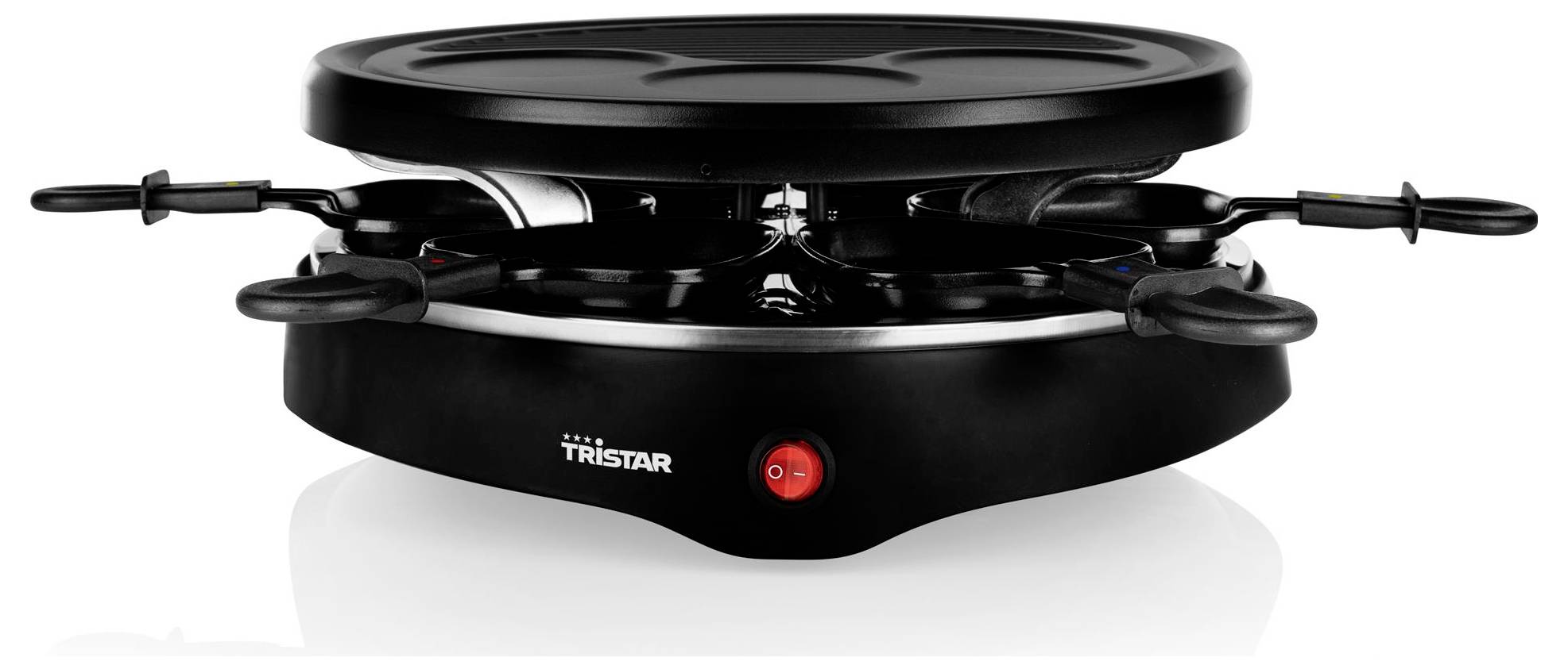 Black Tristar Elektro-Raclette-Grill mit runder Platte und rotem Netzschalter auf der Vorderseite.