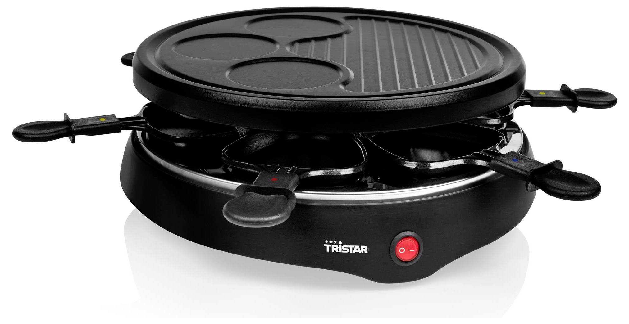 Schwarzer Tristar Elektrogrill und Fondue-Topf mit rundem Antihaft-Deckel und mehreren Griffen, dargestellt auf weißem Hintergrund.