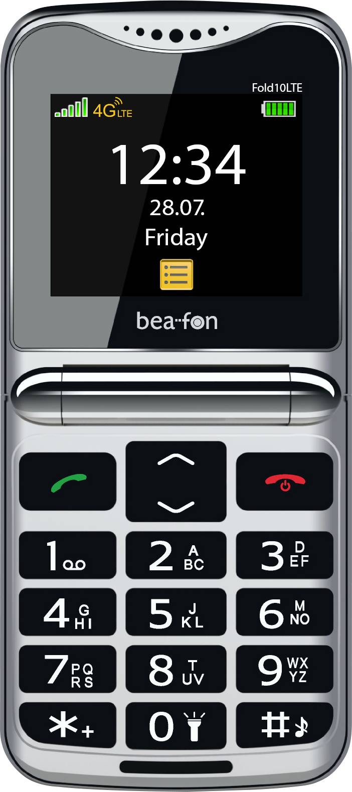Ein silbernes klappbares Mobiltelefon, das offen angezeigt wird, mit dem Bildschirm, der 12:34, 28.07., Freitag anzeigt, und der sichtbaren Tastatur darunter.