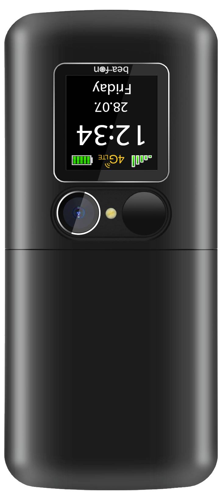 Schwarze tragbare Batterie, aufrecht angezeigt, mit kleinem Display, das 12:34 Freitag, 28.07 und 4G-/Batterieindikatoren anzeigt.