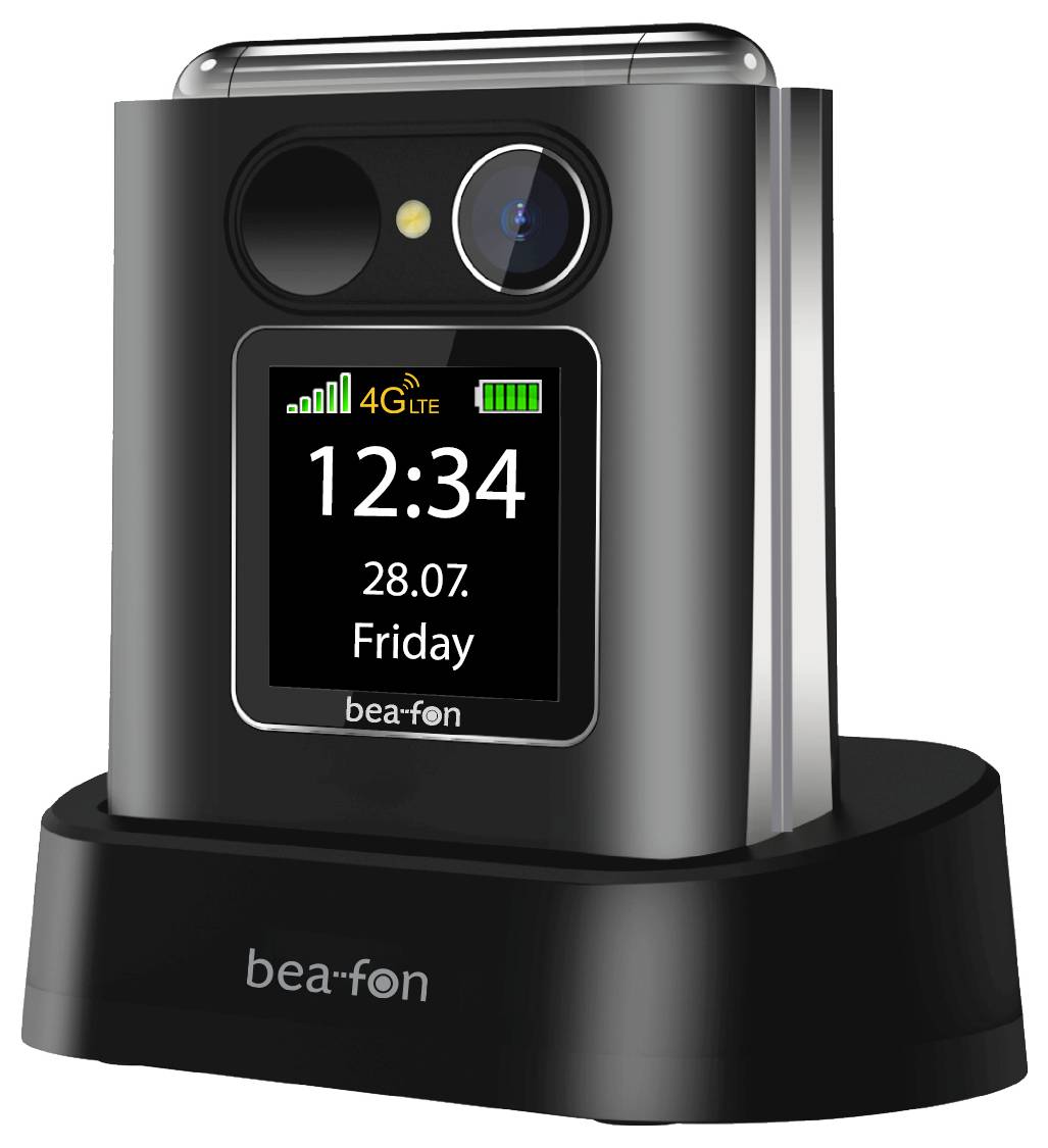 Ein Bea-fon Mobiltelefon auf einer Ladestation, das 12:34, 28.07., Freitag anzeigt, mit 4G LTE und Batteriesymbolen auf dem Bildschirm.