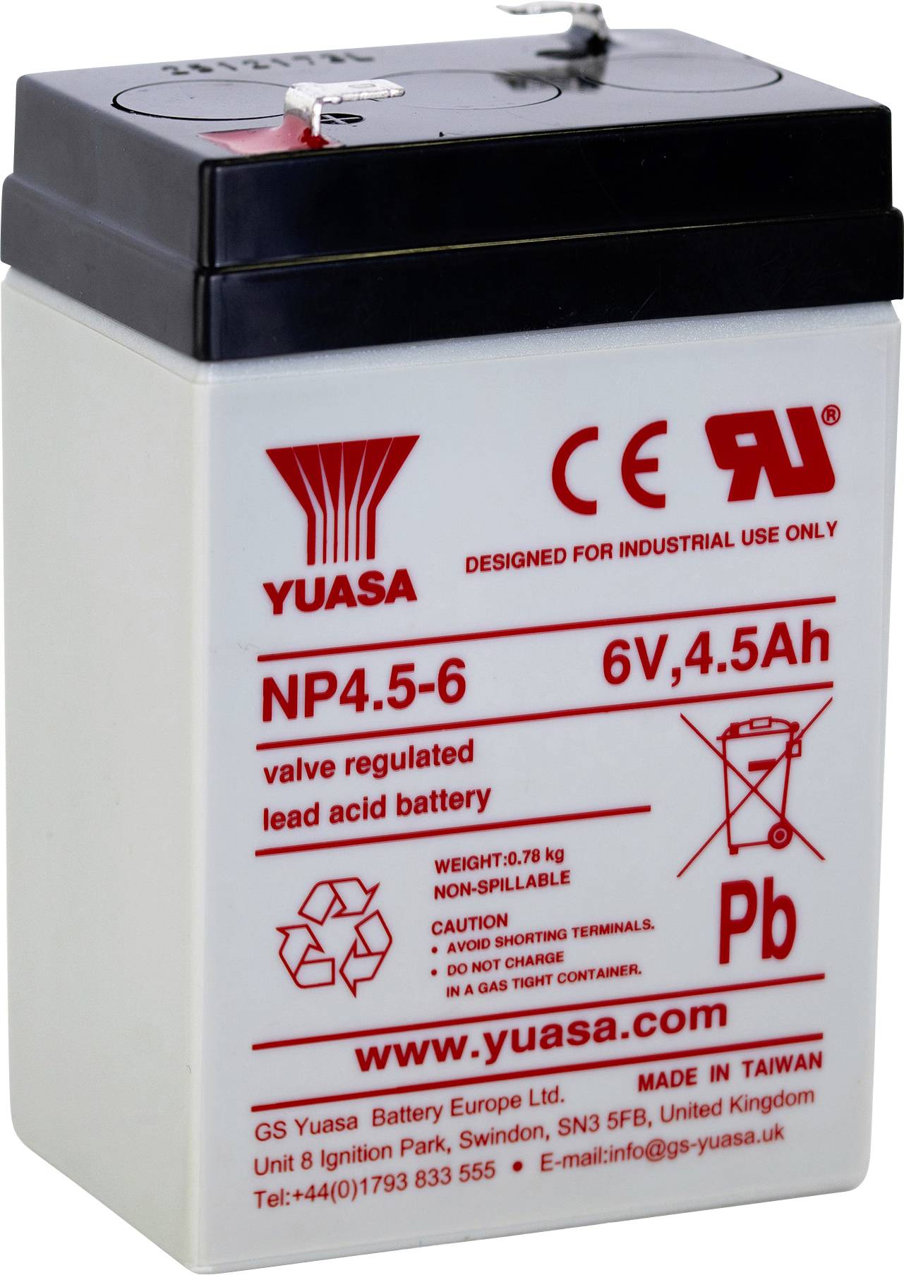Yuasa 6V 4,5Ah versiegelte Bleiakkumulator-Batterie mit Oberflächenpolklemmen und rotem Produktetikett auf weißem Gehäuse