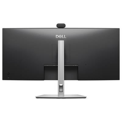 Rückansicht eines Dell-Desktopmonitors auf einem silbernen Ständer mit einer zentrierten Webcam-Halterung an der Oberseite.