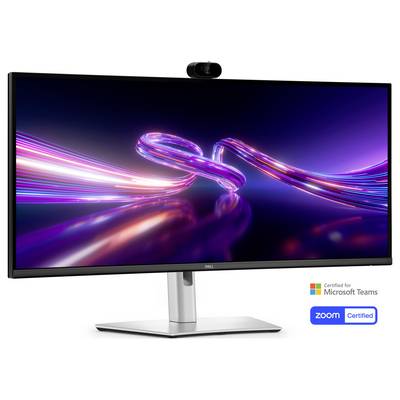 Dell-Monitor zeigt abstrakte Neonlichtstreifen an, mit Webcam oben und Microsoft Teams- und Zoom-Zertifizierungslogos unten.