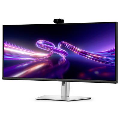 Dell Ultrawide-Monitor mit Webcam, auf dem abstrakte Neon-Lichtbänder auf dunklem violettem Hintergrund angezeigt werden.
