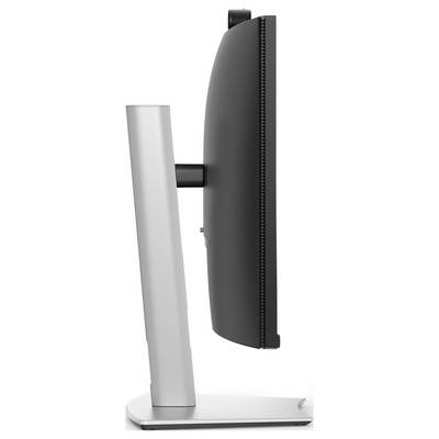 Dell-Desktop-Monitor, der auf einem Ständer vor weißem Hintergrund ein violettes abstraktes Bandmuster-Hintergrundbild auf schwarzem Bildschirm anzeigt.