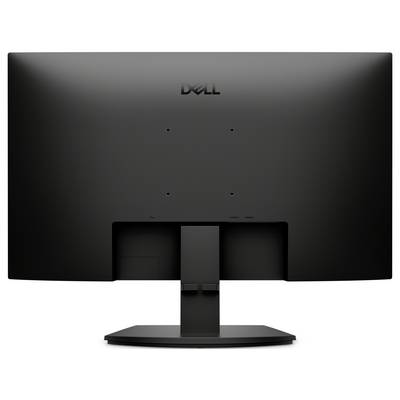 Rückansicht eines Dell-Computermonitors auf einem Ständer, der die Rückseite und den Sockel auf weißem Hintergrund zeigt.