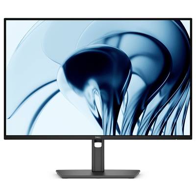 Dell-Computermonitor mit einer blauen abstrakten Wirbel-Tapete auf weißem Hintergrund.