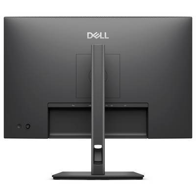 Rückansicht eines Dell-Desktop-Monitors auf einem Ständer, die die Rückseite, die zentrale Halterung und den integrierten Kabelorganisationsbereich zeigt.