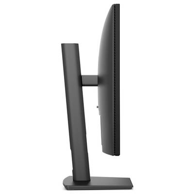 Seitenansicht eines schwarzen Desktop-Monitors auf einem rechteckigen Ständer, der den schlanken Bildschirm und den verstellbaren hinteren Stützarm zeigt.