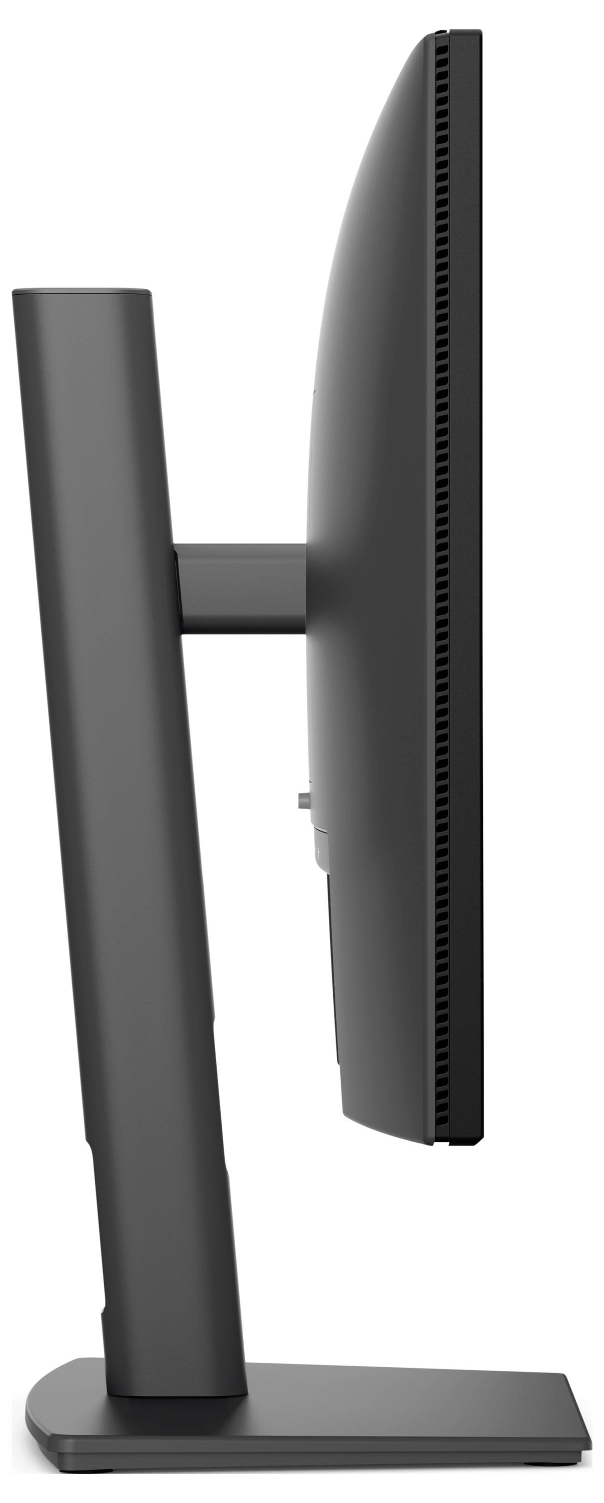 Seitenansicht eines schwarzen Computermonitors auf einem rechteckigen Ständer und einer Basis.