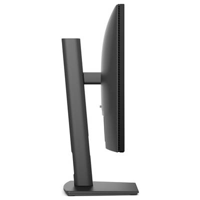 Seitenansicht eines schwarzen Computermonitors auf einem rechteckigen Ständer und einer Basis.