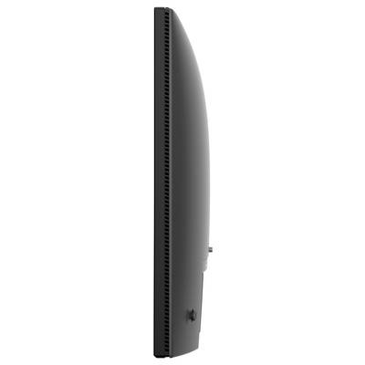 Seitenansicht eines schlanken schwarzen Desktop-Computers oder Monitors mit geschwungenem Rücken und vertikalen Lüftungsschlitzen.