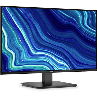 Dell gebogener Computermonitor mit blauem abstraktem Wellenhintergrund auf einem Ständer vor weißem Hintergrund.