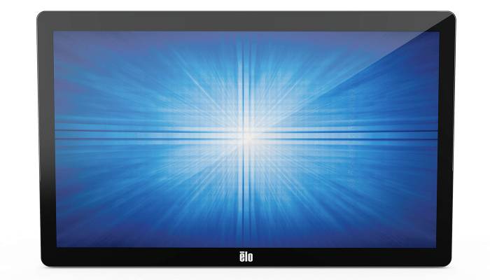 Schwarz gerahmtes Elo-Touchscreen-Display mit blauem abstraktem Burst-Muster mit hellem weißem Zentrum