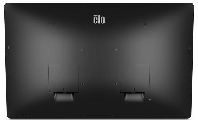 Rückansicht eines Elo-Touchscreen-Monitors mit zwei quadratischen Montagepaneelen und einem zentralen Kabelmanagement-Bereich.