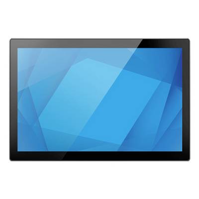 Schwarzes Tablet oder Monitor zeigt einen blauen geometrisch abstrakten Hintergrund auf dem Bildschirm an.